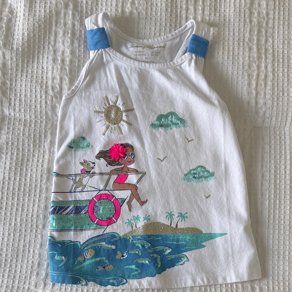 Tommy Bahama Girls Tank Top with Beach Boat Graphic and Pink Flower